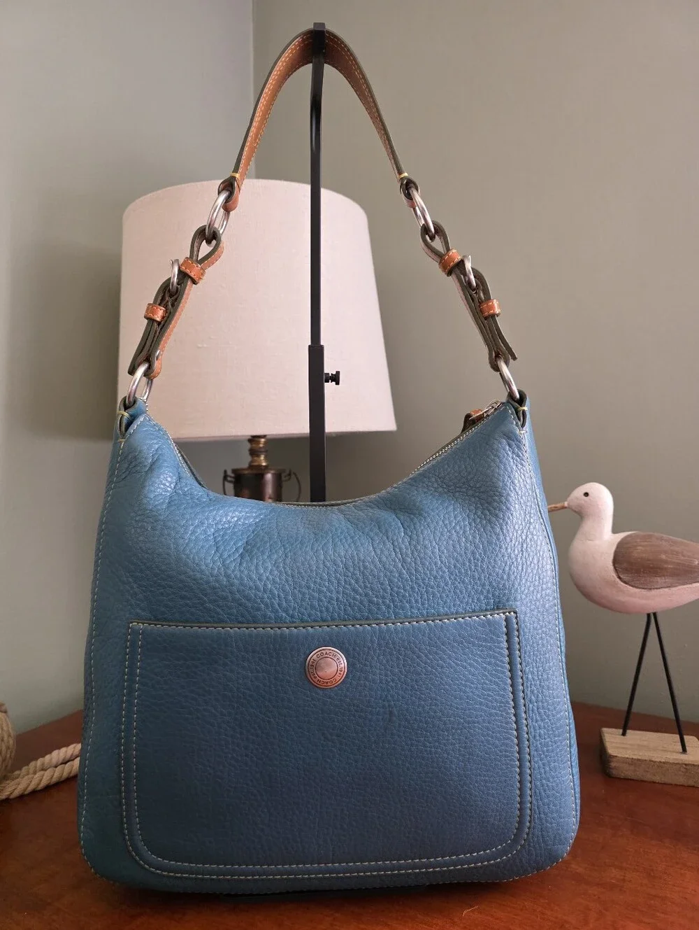 Coach 8E98 Chelsea Hobo Deep Teal Blue Pebbled Leather Shoulder Bag Y2K Vintage